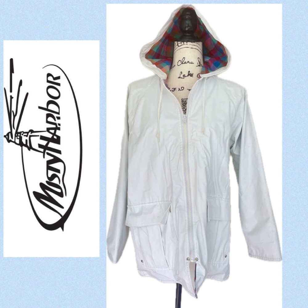 VTG Misty Harbor Rain Jacket Hood‎ Flannel Plaid Lining Sz S PVC Vinyl Cabincore